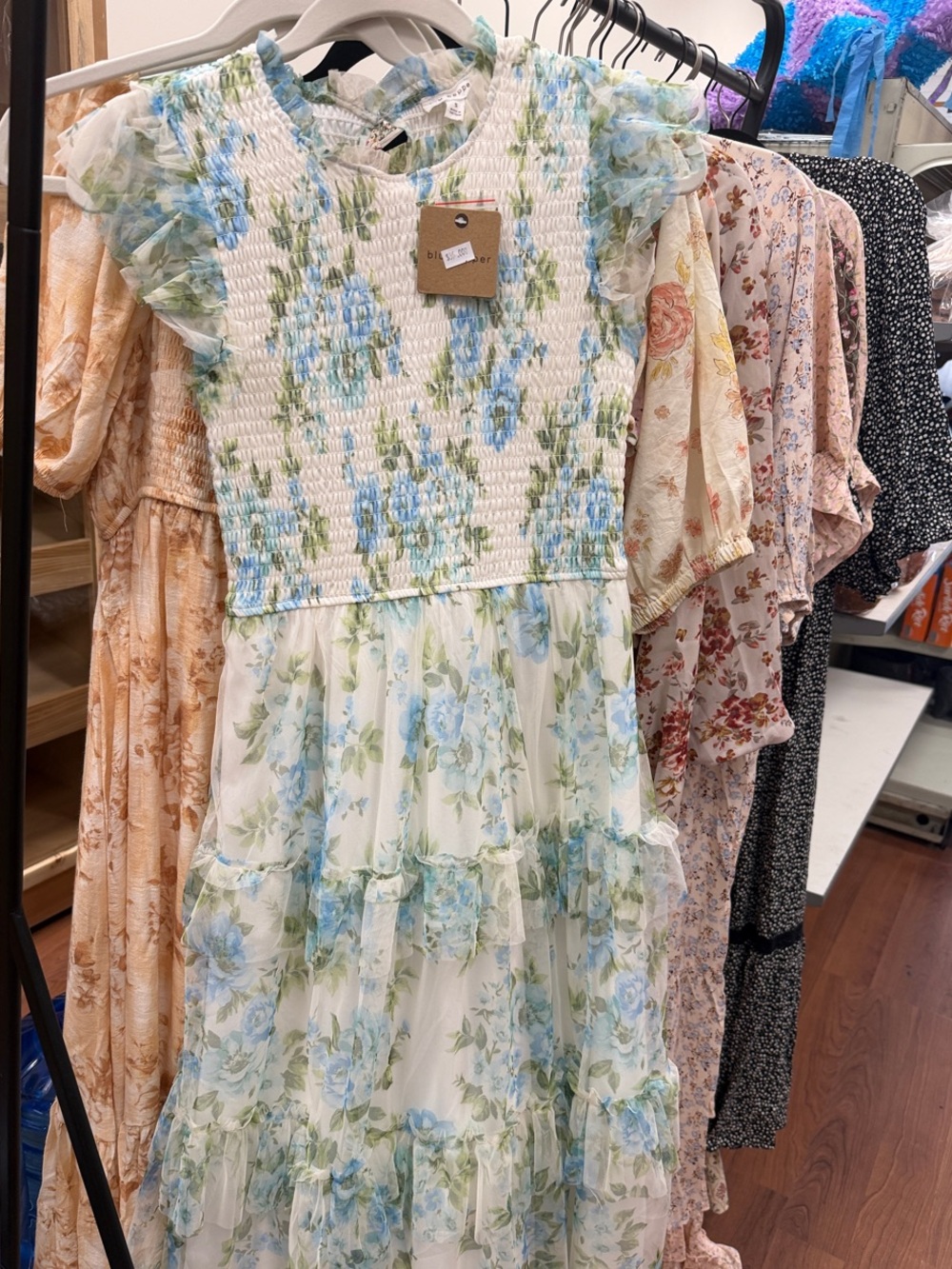 Blu Pepper White Floral Smocked Midi Dress with Blue and Green Print